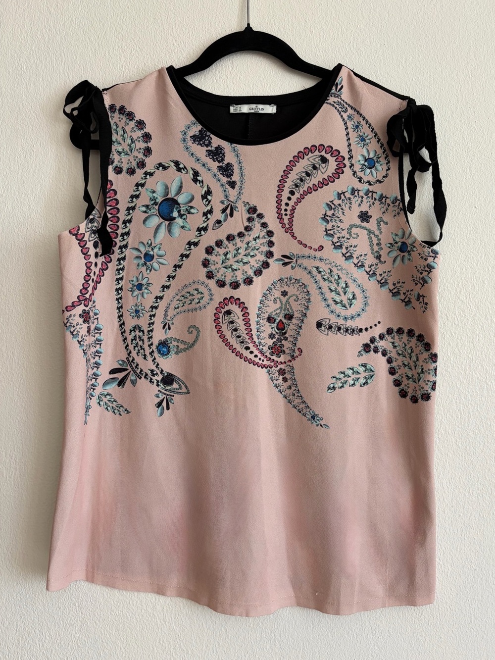 Sleeveless Pink Paisley Print Top with Black Tie Shoulders - Small